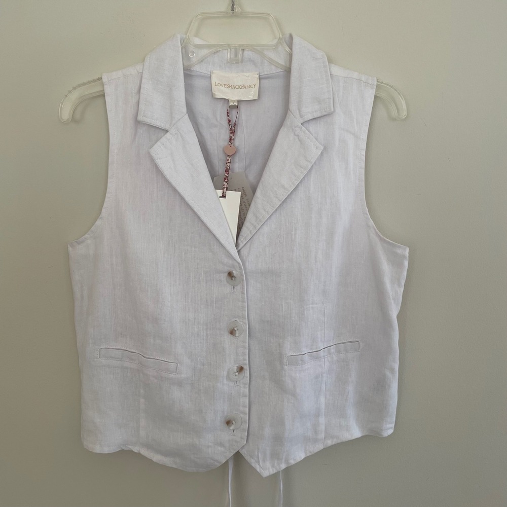 LoveShackFancy White‎ Linen Waistcoat Vest Button Front Tie Back Size 4 NEW - Picture 5 of 9